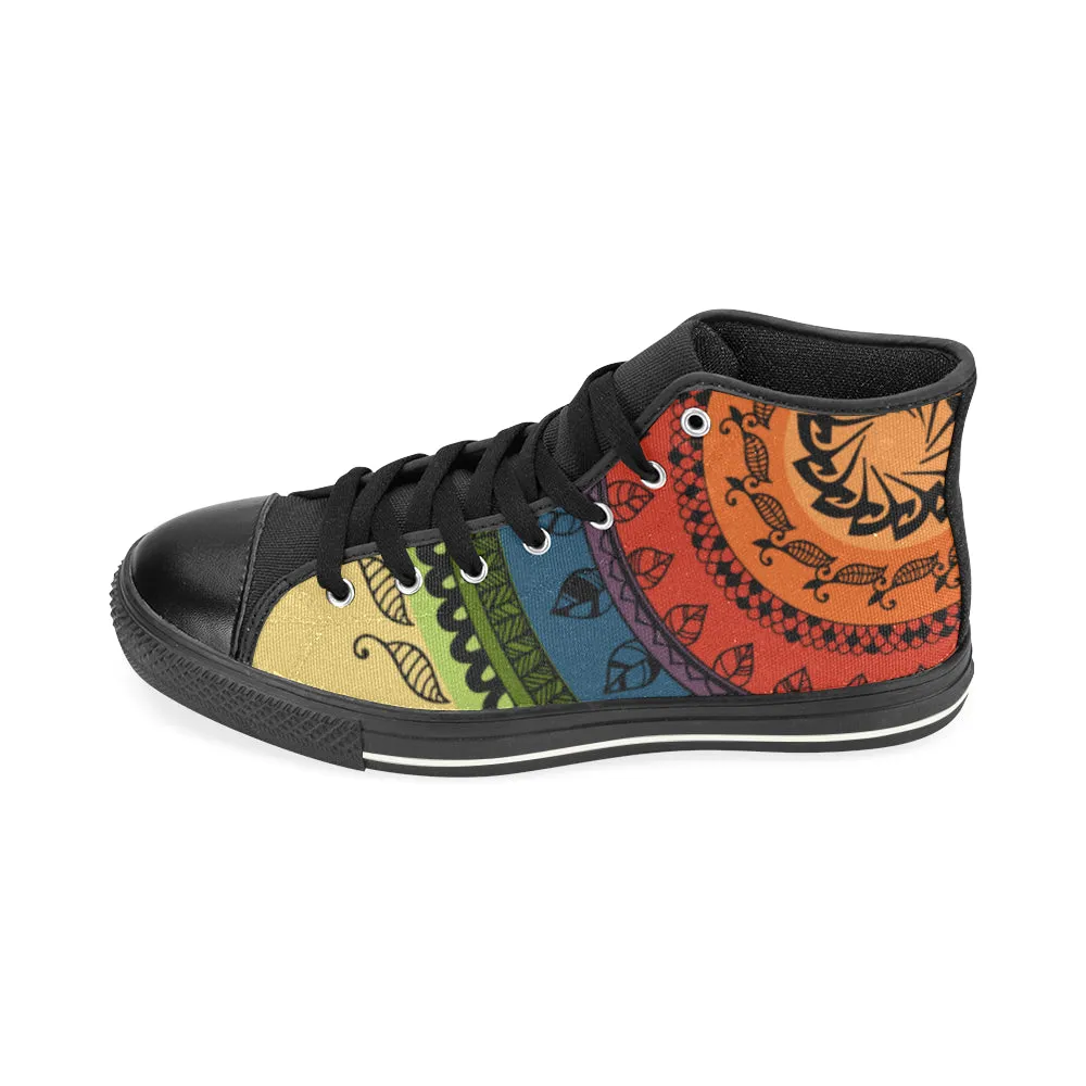 Men's Big Size Black Folksy Mandala Print Canvas High Top Shoes