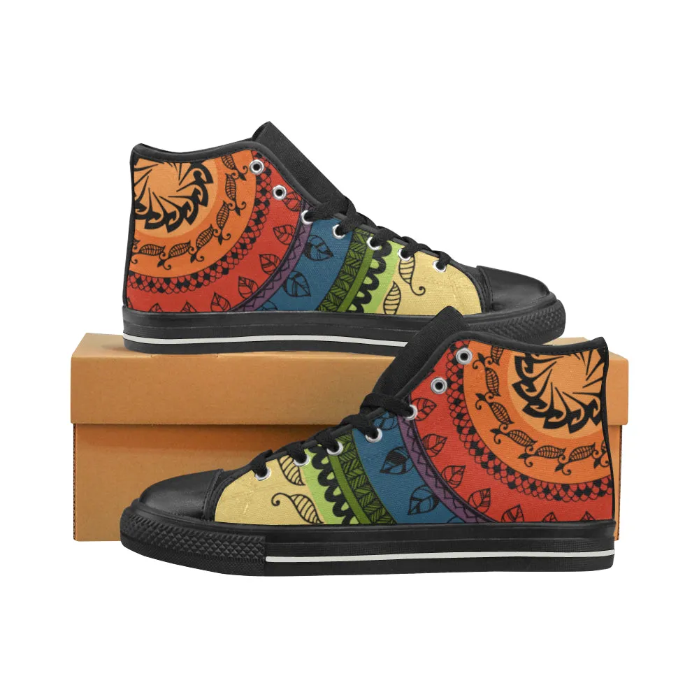 Men's Big Size Black Folksy Mandala Print Canvas High Top Shoes