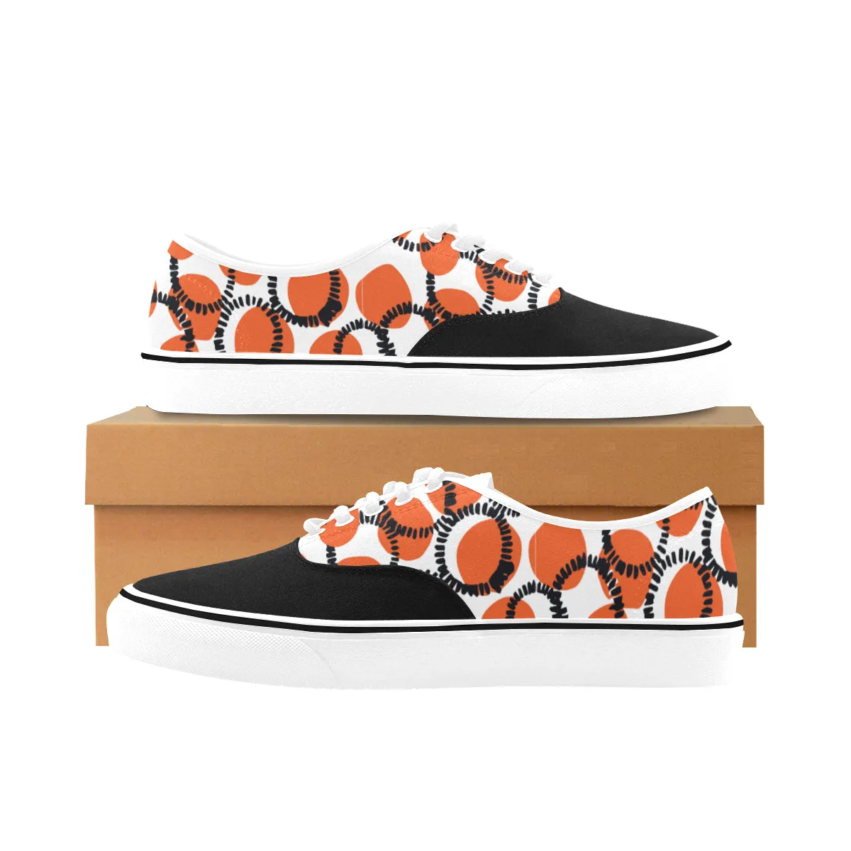 Men's Orange Black Polka Print Canvas Low Top Shoes (White)