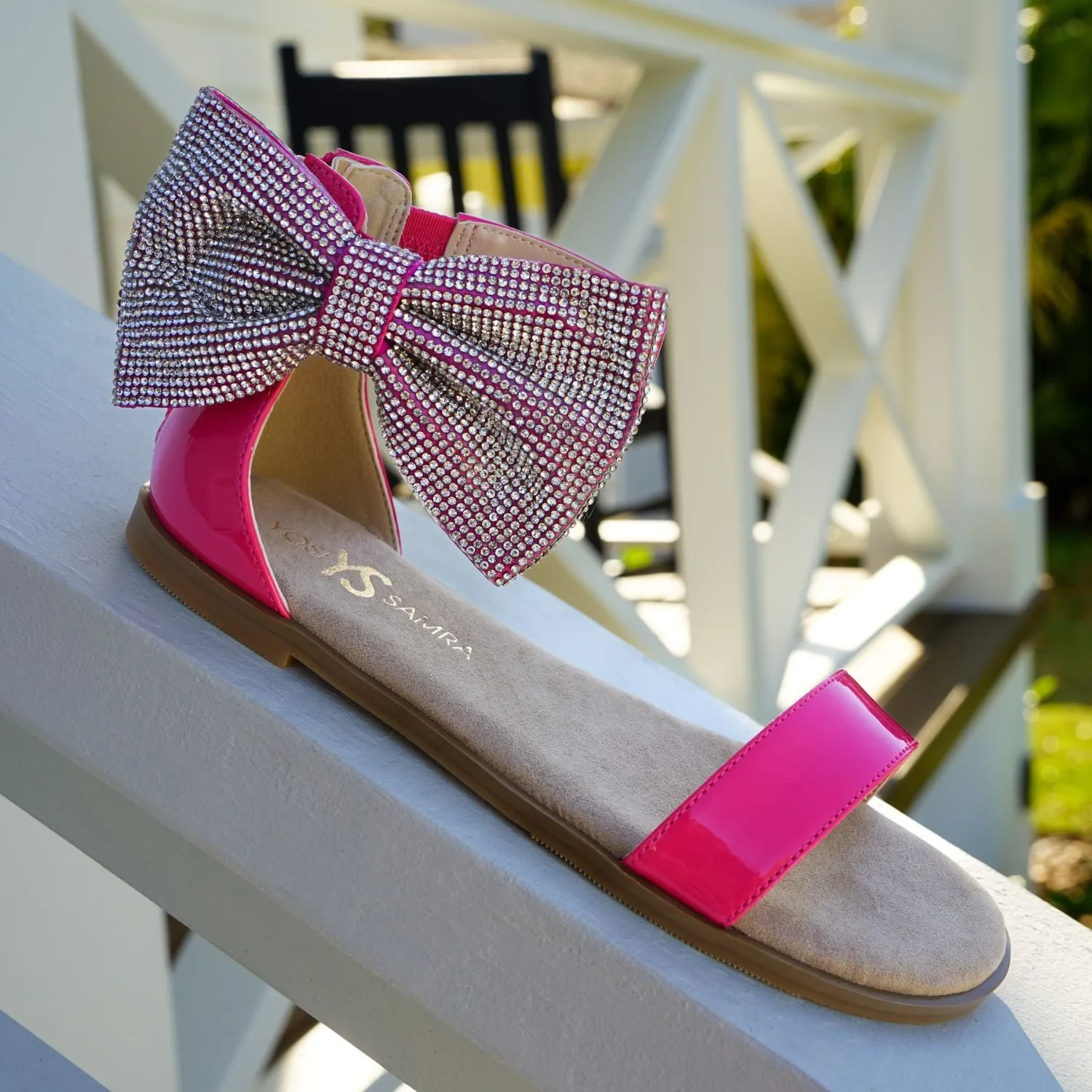 Miss Cambelle Crystal Bow Sandal in Hot Pink Patent - Kids