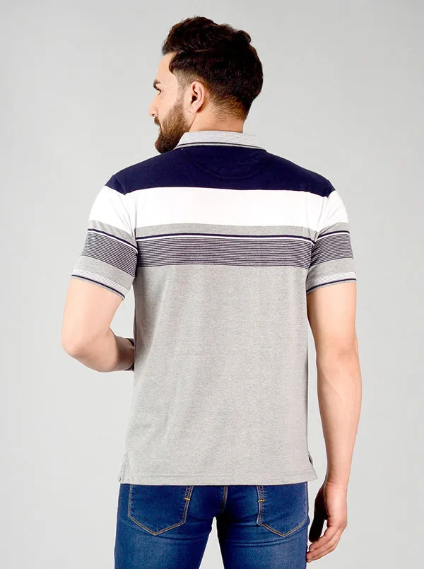 Monument Grey Striped Slim Fit Polo T-shirt | Greenfibre