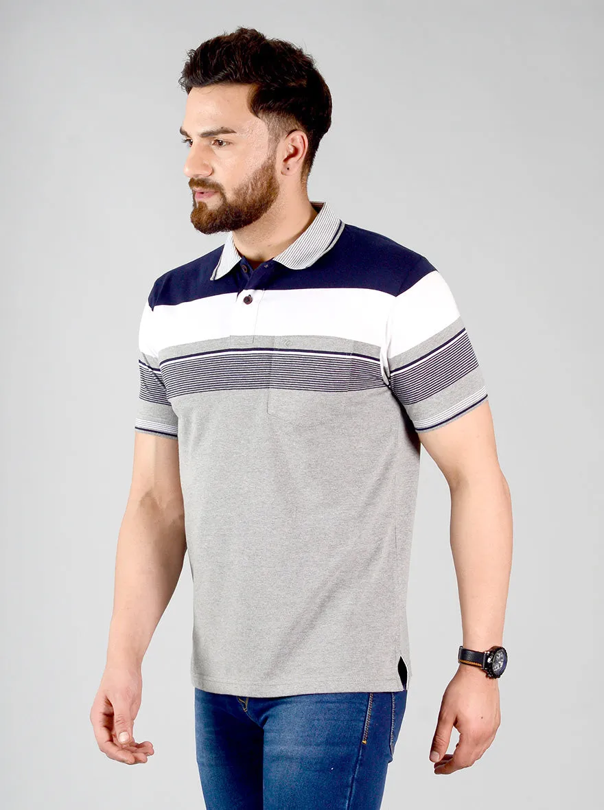 Monument Grey Striped Slim Fit Polo T-shirt | Greenfibre