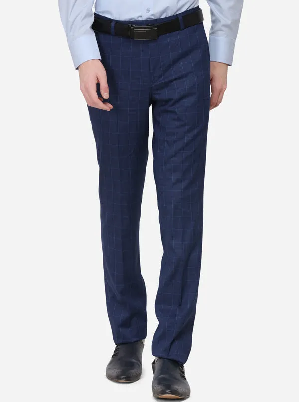 Navy Blue Checked Slim Fit Formal Trouser | Metal