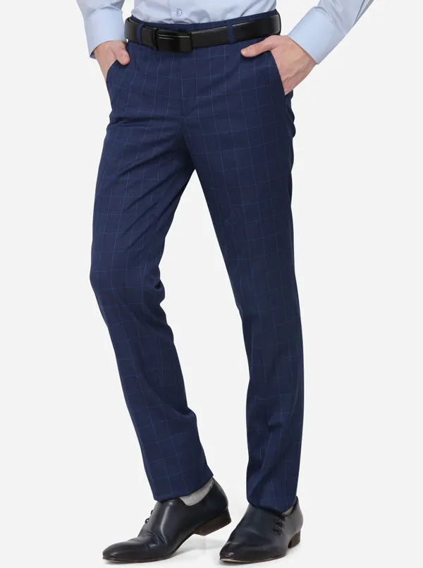 Navy Blue Checked Slim Fit Formal Trouser | Metal