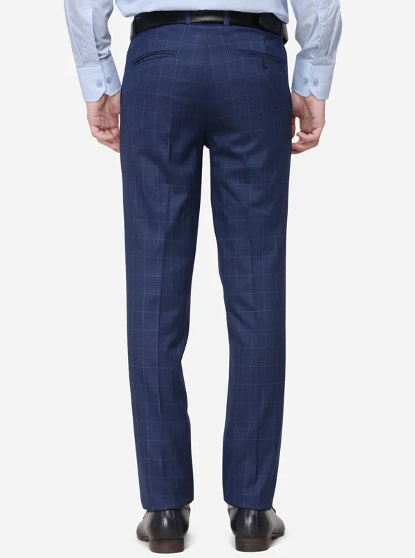 Navy Blue Checked Slim Fit Formal Trouser | Metal