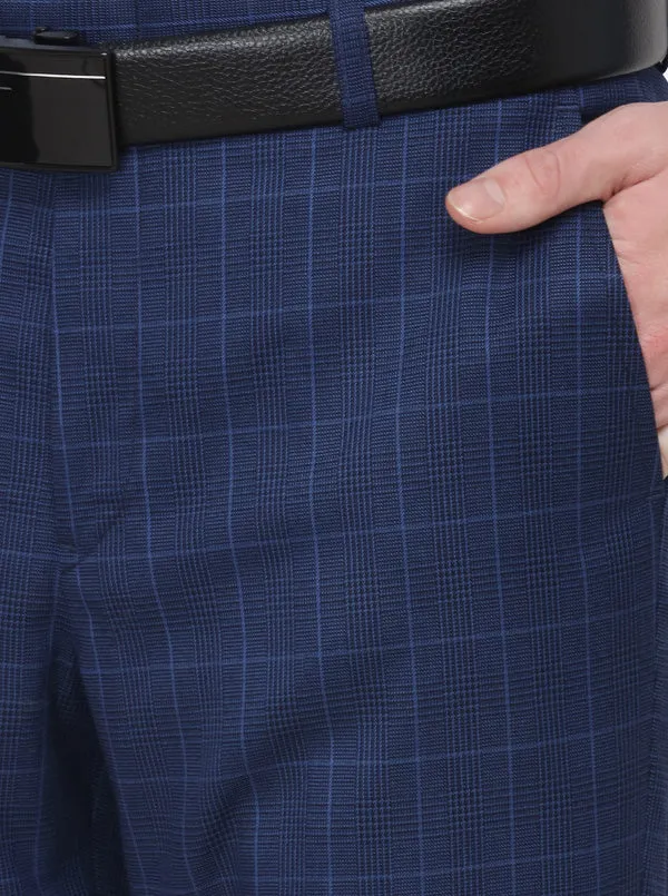 Navy Blue Checked Slim Fit Formal Trouser | Metal