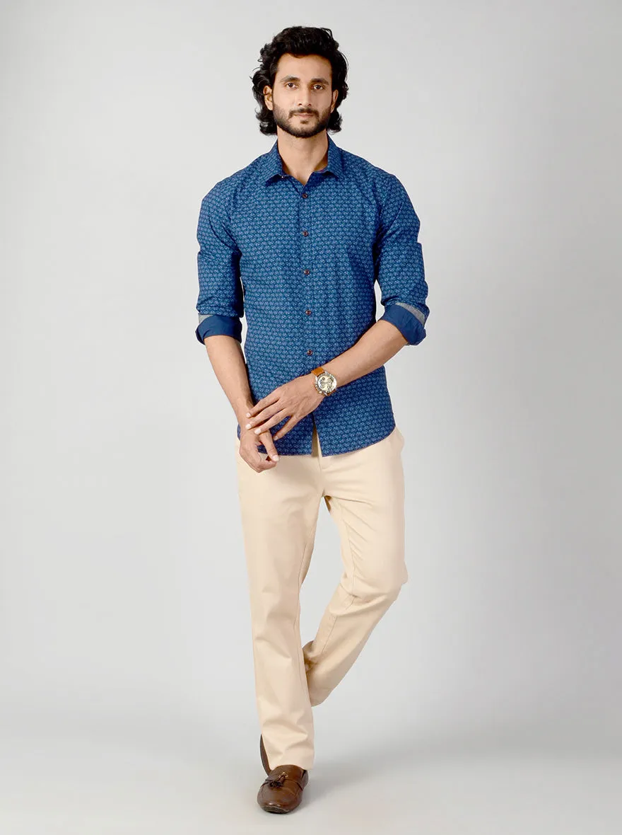 Navy Blue Printed Slim Fit Casual Shirt | Greenfibre