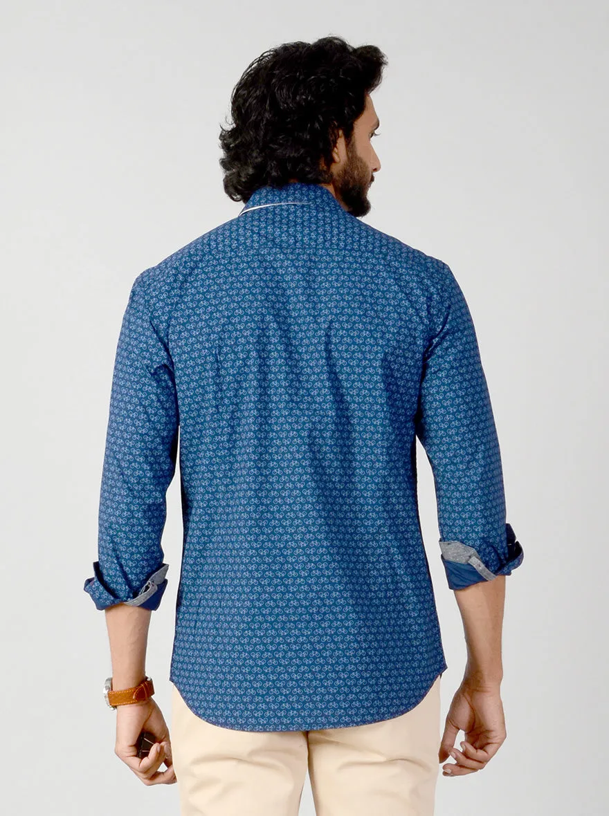 Navy Blue Printed Slim Fit Casual Shirt | Greenfibre