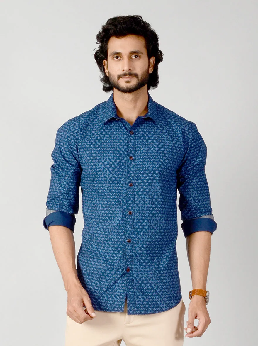 Navy Blue Printed Slim Fit Casual Shirt | Greenfibre