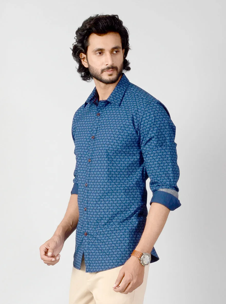 Navy Blue Printed Slim Fit Casual Shirt | Greenfibre