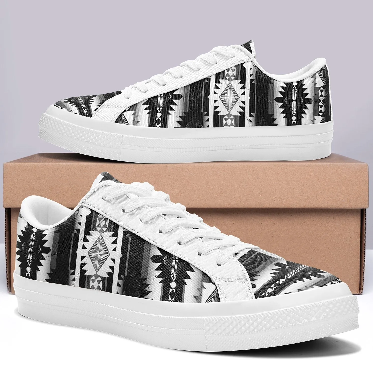 Okotoks Black and White Aapisi Low Top Canvas Shoes White Sole