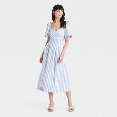 Open Box - Women's Short Sleeve Midi Dress - A New Day Blue/White Striped 6