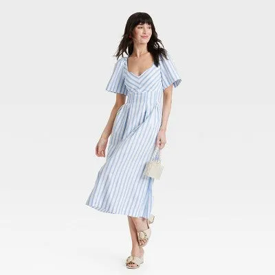 Open Box - Women's Short Sleeve Midi Dress - A New Day Blue/White Striped 6