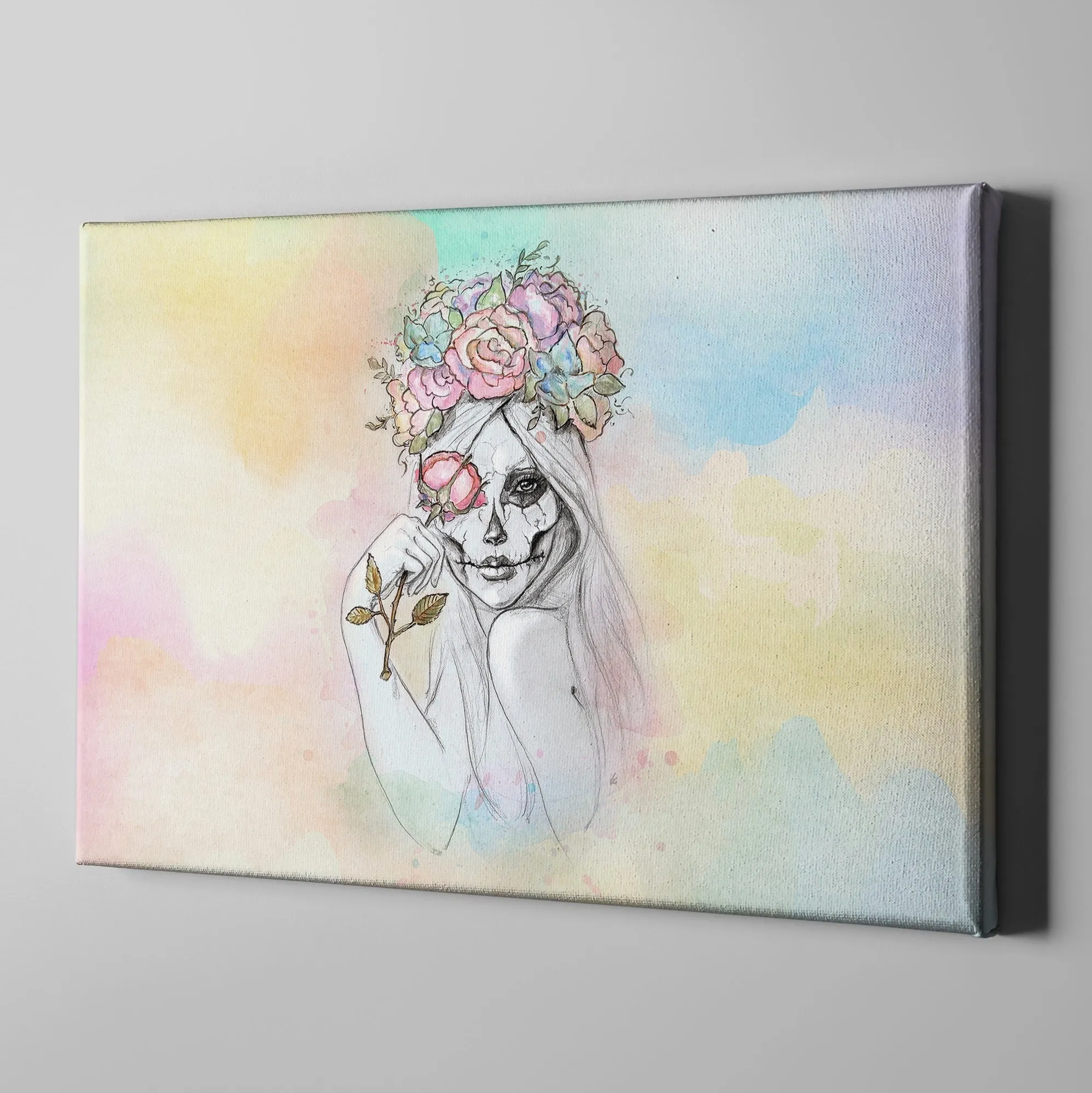 Painted Lady Watercolor Rose Crown Sugar Skull Wrapped Canvas