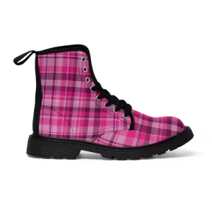 Pink Plaid Print Men's Boots, Best Hiking Winter Boots Laced Up Shoes For Men (US Size: 7-10.5)