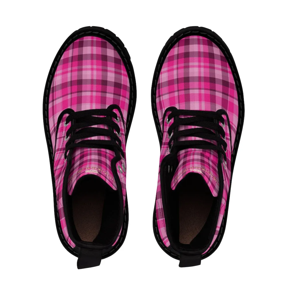 Pink Plaid Print Men's Boots, Best Hiking Winter Boots Laced Up Shoes For Men (US Size: 7-10.5)