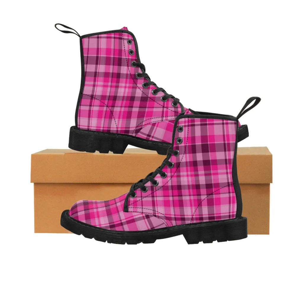 Pink Plaid Print Men's Boots, Best Hiking Winter Boots Laced Up Shoes For Men (US Size: 7-10.5)