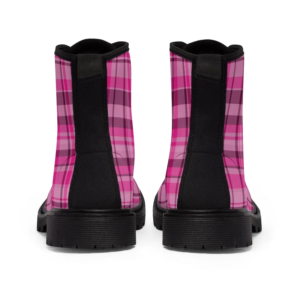 Pink Plaid Print Men's Boots, Best Hiking Winter Boots Laced Up Shoes For Men (US Size: 7-10.5)