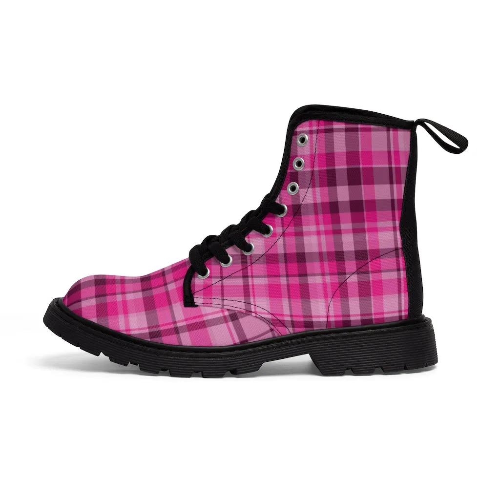 Pink Plaid Print Men's Boots, Best Hiking Winter Boots Laced Up Shoes For Men (US Size: 7-10.5)