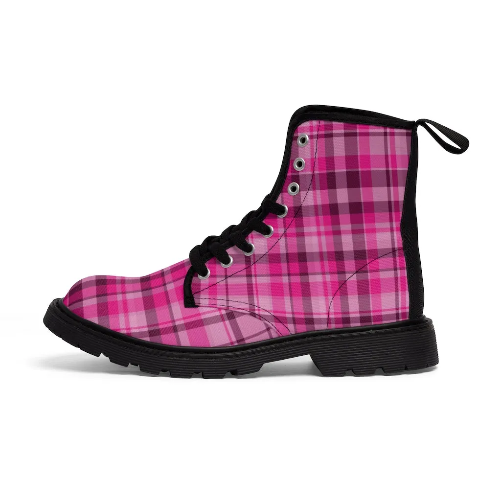 Pink Plaid Print Men's Boots, Best Hiking Winter Boots Laced Up Shoes For Men (US Size: 7-10.5)