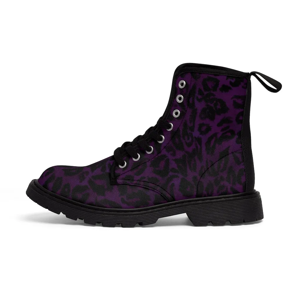 Purple Leopard Men Hiker Boots, Designer Animal Print Best Laced Up Men's Canvas Boots (US Size: 7-10.5)