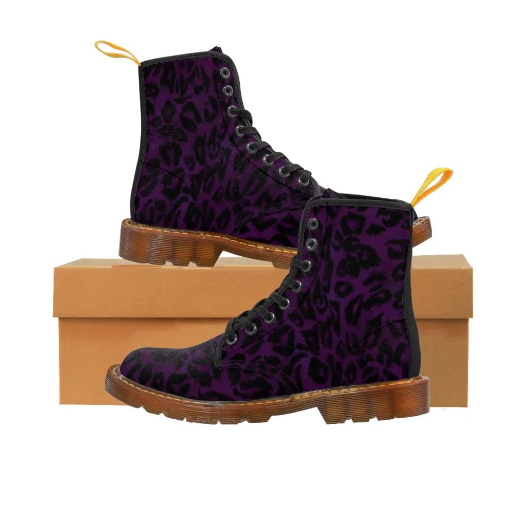 Purple Leopard Men Hiker Boots, Designer Animal Print Best Laced Up Men's Canvas Boots (US Size: 7-10.5)