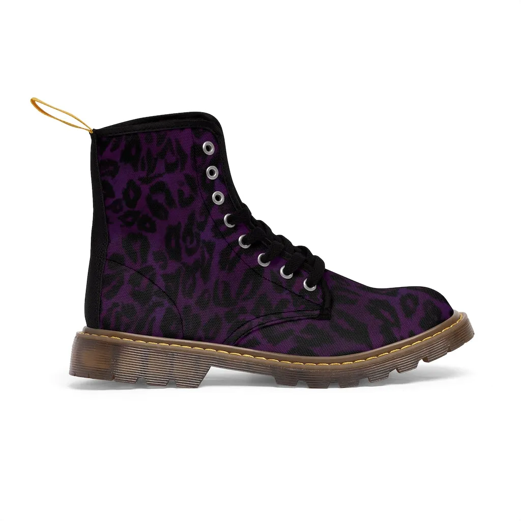 Purple Leopard Men Hiker Boots, Designer Animal Print Best Laced Up Men's Canvas Boots (US Size: 7-10.5)