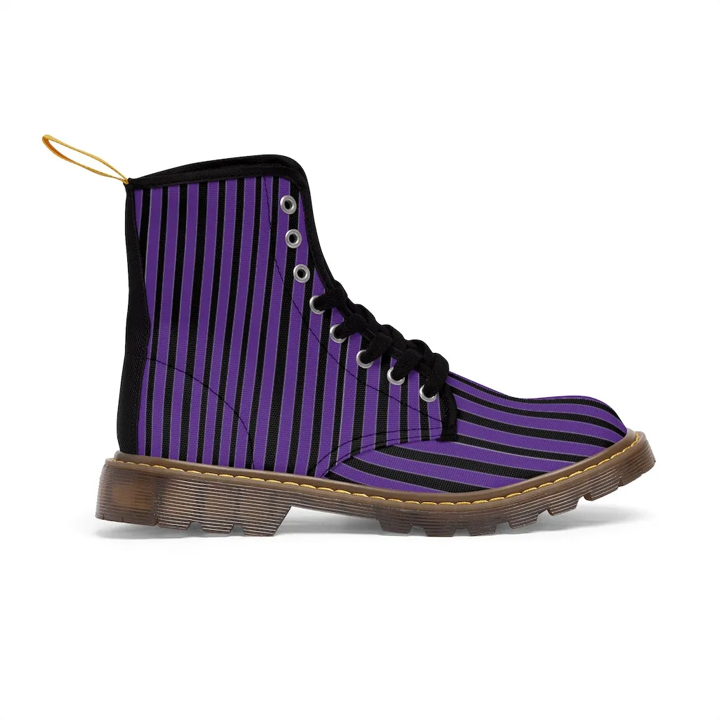 Purple Striped Print Men's Boots, Black Stripes Best Hiking Winter Boots Laced Up Shoes For Men