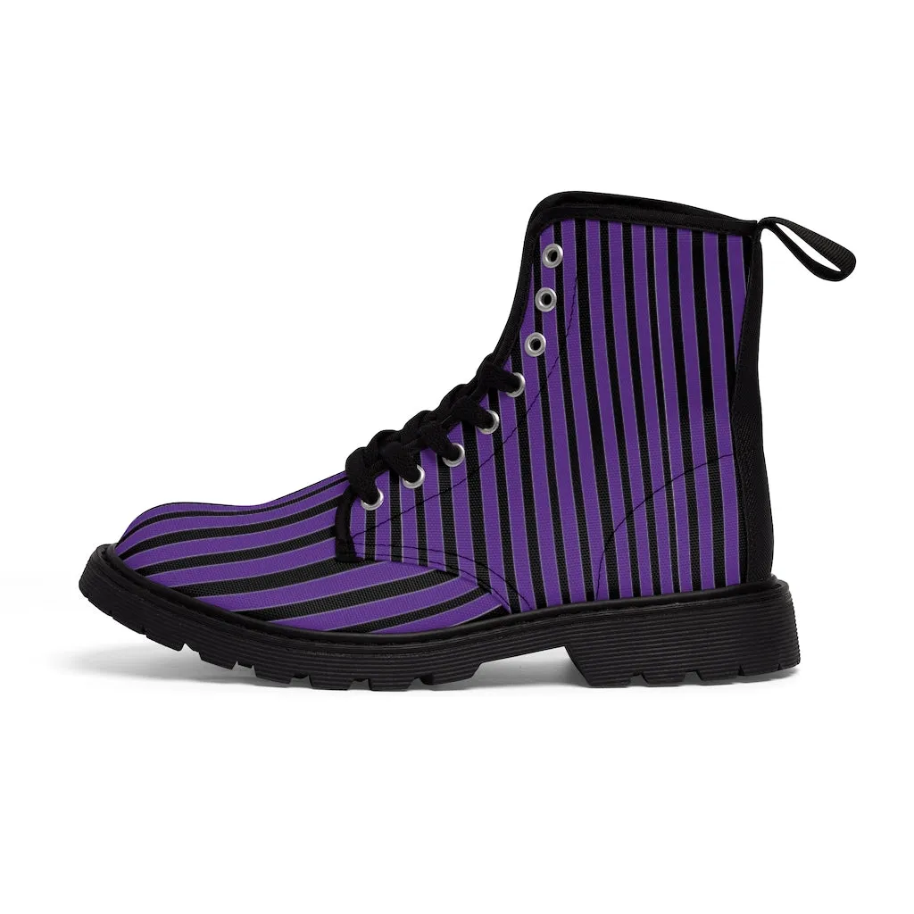 Purple Striped Print Men's Boots, Black Stripes Best Hiking Winter Boots Laced Up Shoes For Men