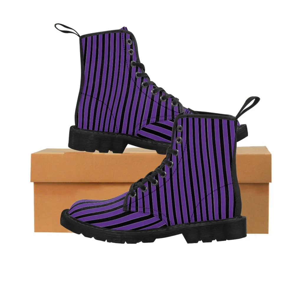 Purple Striped Print Men's Boots, Black Stripes Best Hiking Winter Boots Laced Up Shoes For Men