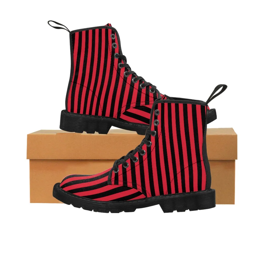 Red Striped Print Men's Boots, Black Red Stripes Best Hiking Winter Boots Laced Up Shoes For Men