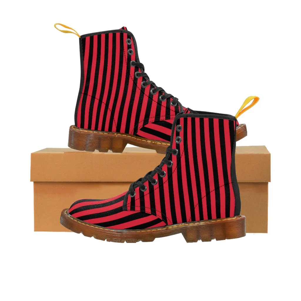 Red Striped Print Men's Boots, Black Red Stripes Best Hiking Winter Boots Laced Up Shoes For Men