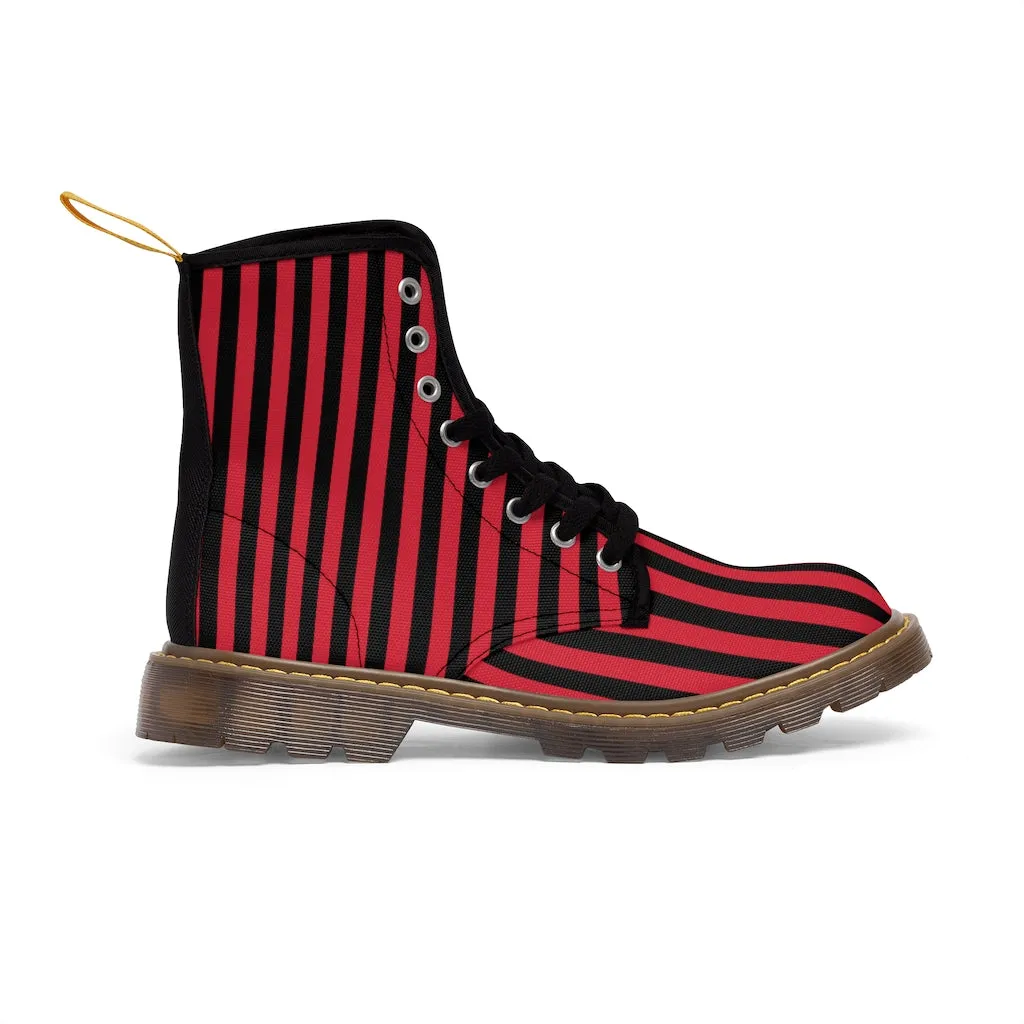 Red Striped Print Men's Boots, Black Red Stripes Best Hiking Winter Boots Laced Up Shoes For Men