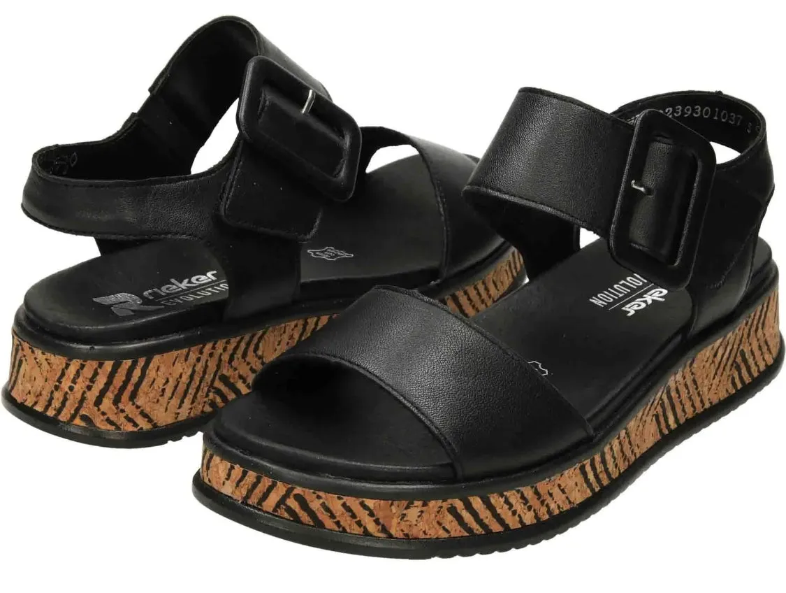 Rieker Evolution W0800-00 Lugano Black Leather Low Wedge Sandals