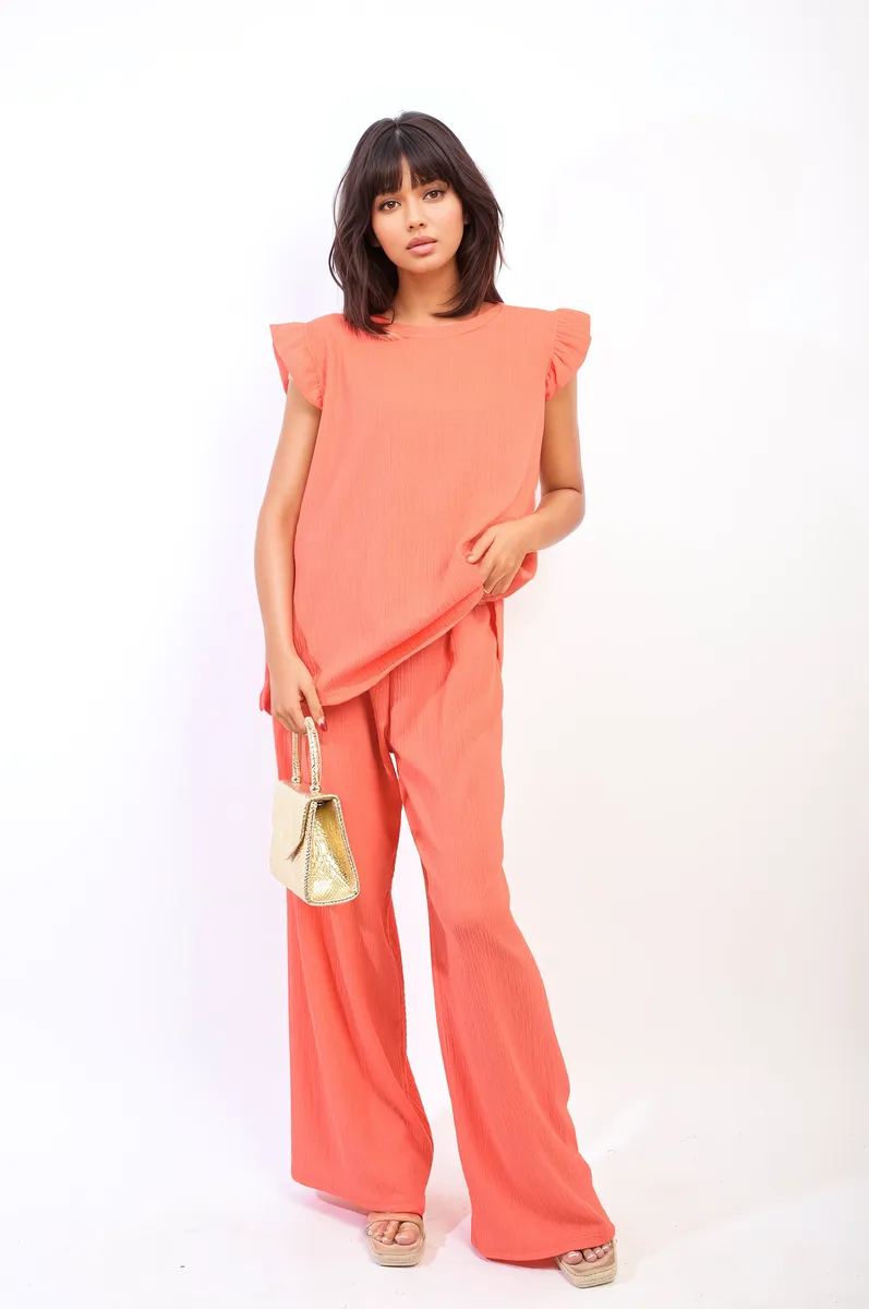 Ruffle Trim Top and Wide Leg Trouser Co-ord Set