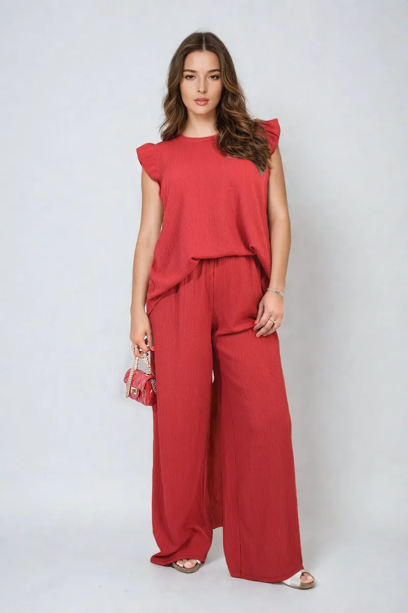 Ruffle Trim Top and Wide Leg Trouser Co-ord Set