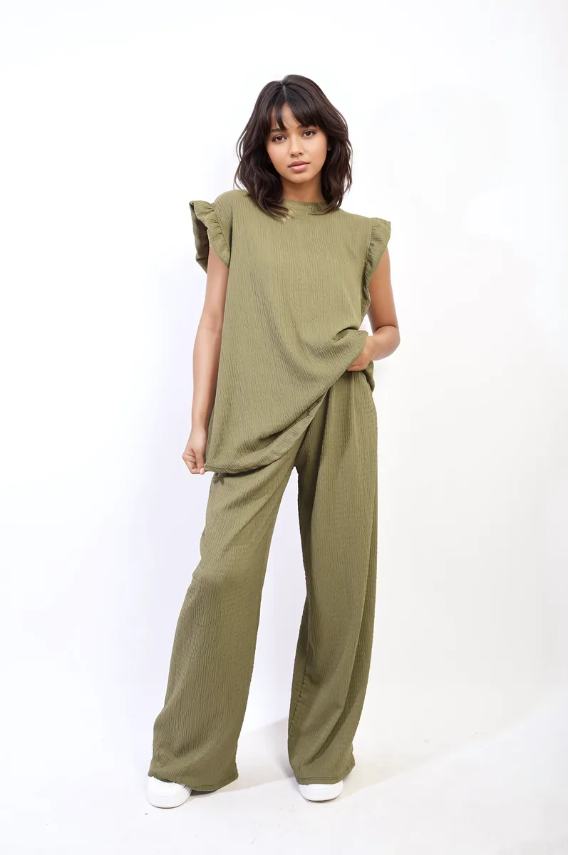 Ruffle Trim Top and Wide Leg Trouser Co-ord Set