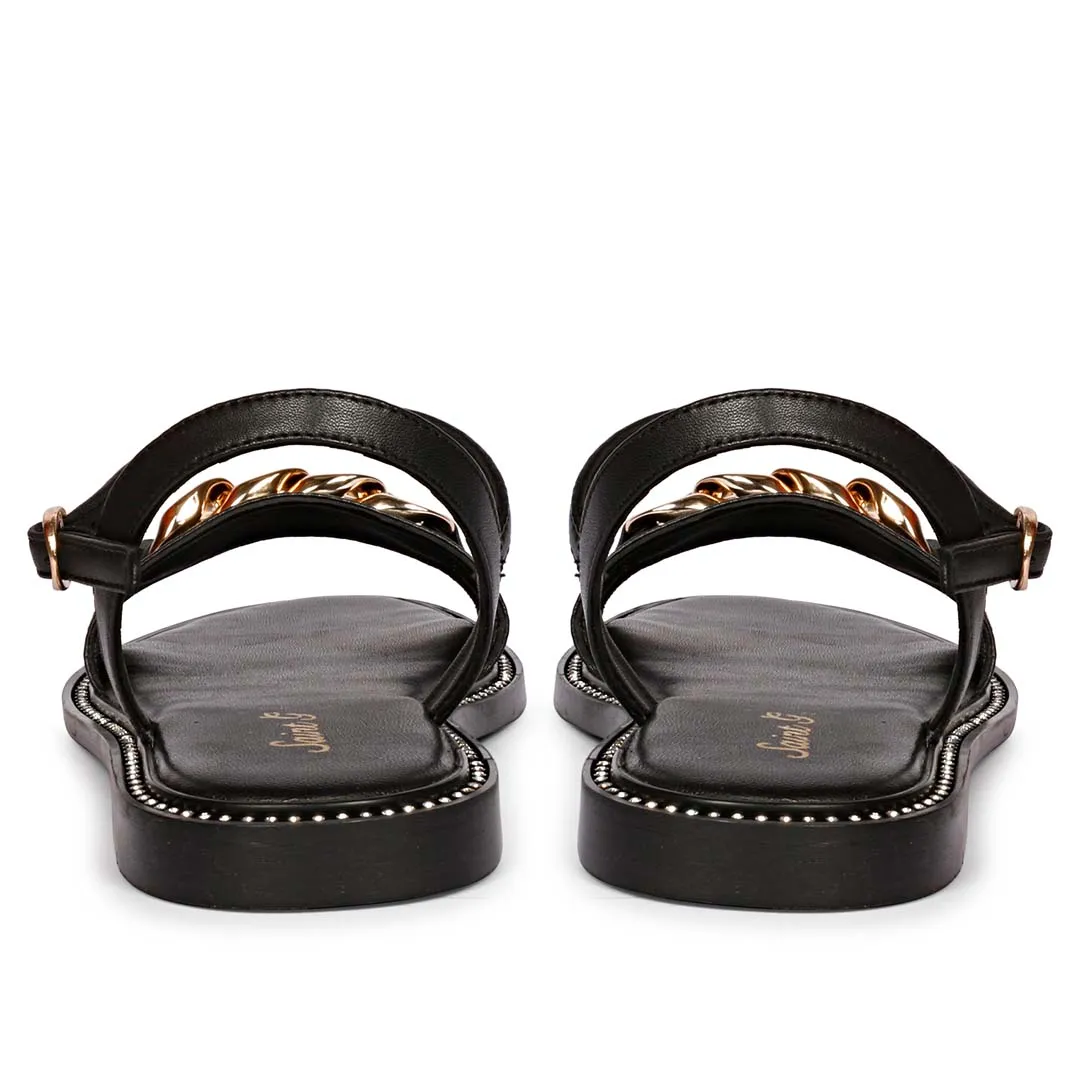 Saint Bellini Gold Chain Decor Black Leather Sandals