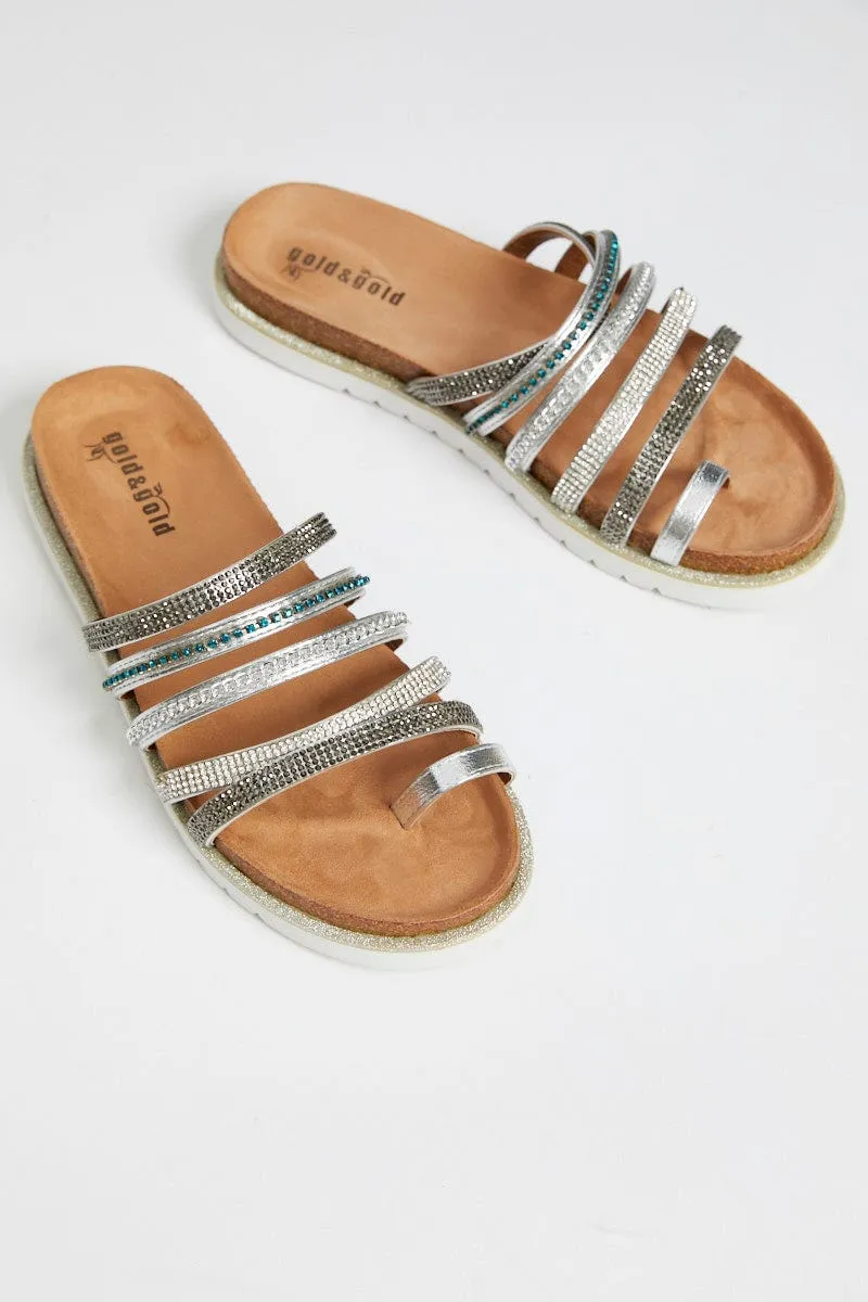 Silver Diamante Multi Strap Flat Sliders