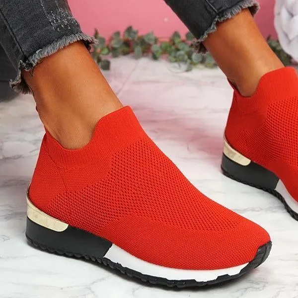 Slip-On Knit Solid Color Sneakers For Female Sport Mesh Casual Shoes