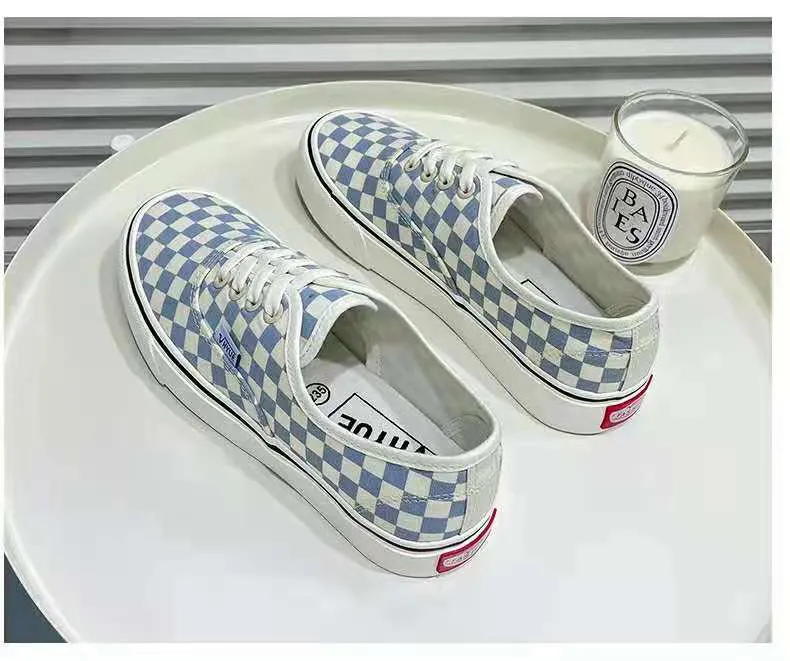 Spring Female Korean Style Chessboard Plaid Canvas Shoes