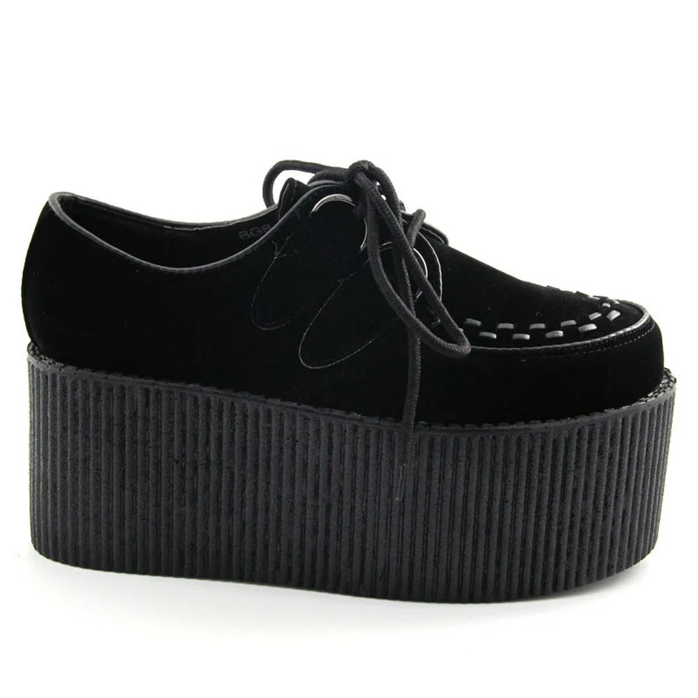 VICKY HIGH FLATFORM WEDGE HIGH HEEL TRIPLE CREEPER SHOES IN BLACK FAUX SUEDE