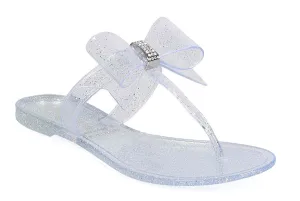 White Sparkle Embellished Bow Accent Flat Flip Flop Thong Jelly Sandals