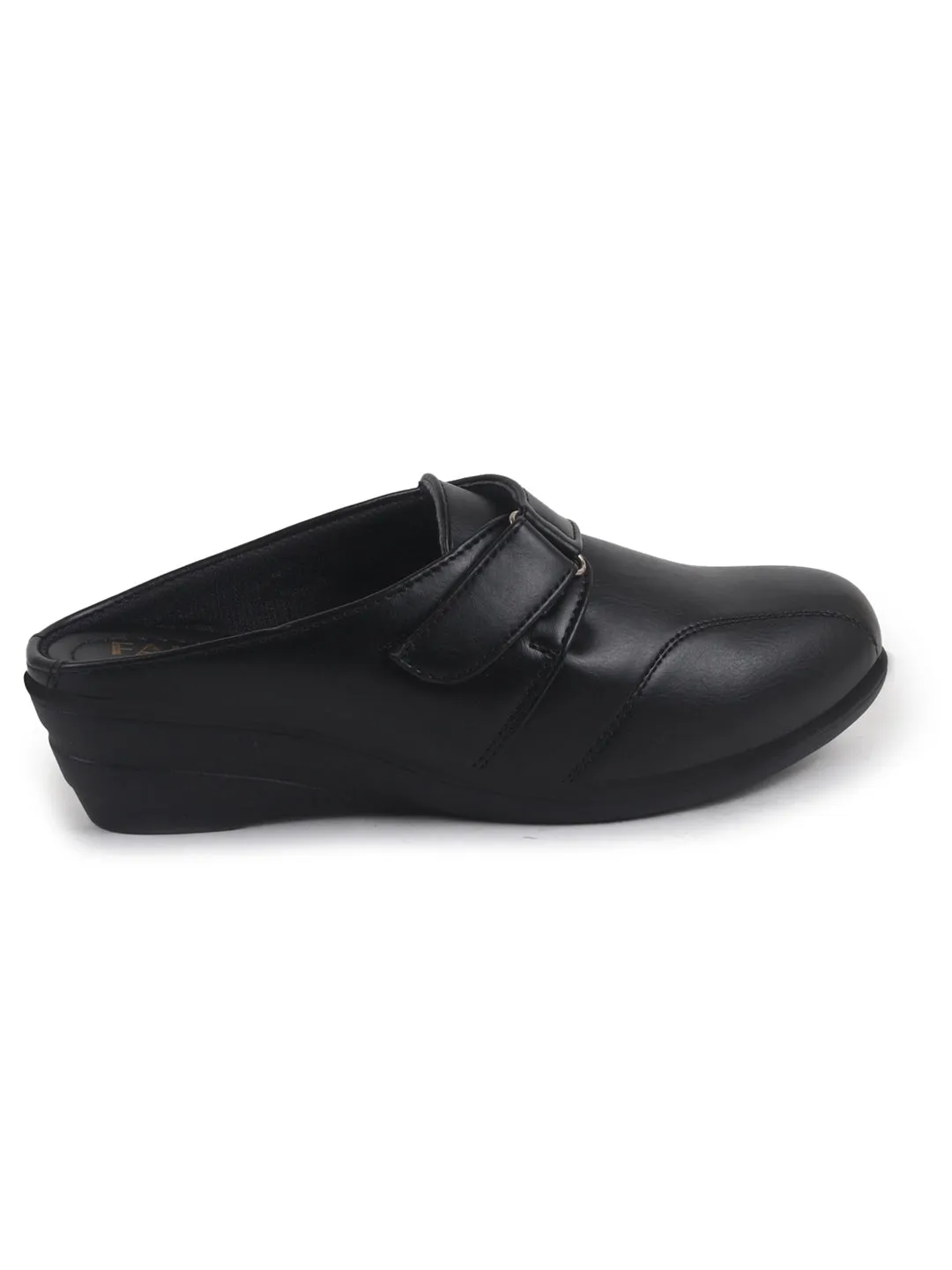 Women Black Back Open Formal Slip On Flatform Heel Wedges with Hook and Loop|Adjustable Strap Shoes|Office Meetings