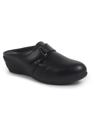 Women Black Back Open Formal Slip On Flatform Heel Wedges with Hook and Loop|Adjustable Strap Shoes|Office Meetings