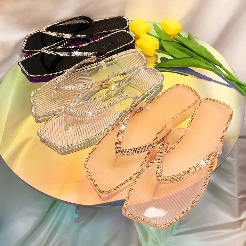 Women clear rhinestone square toe flip flop slide jelly sandals