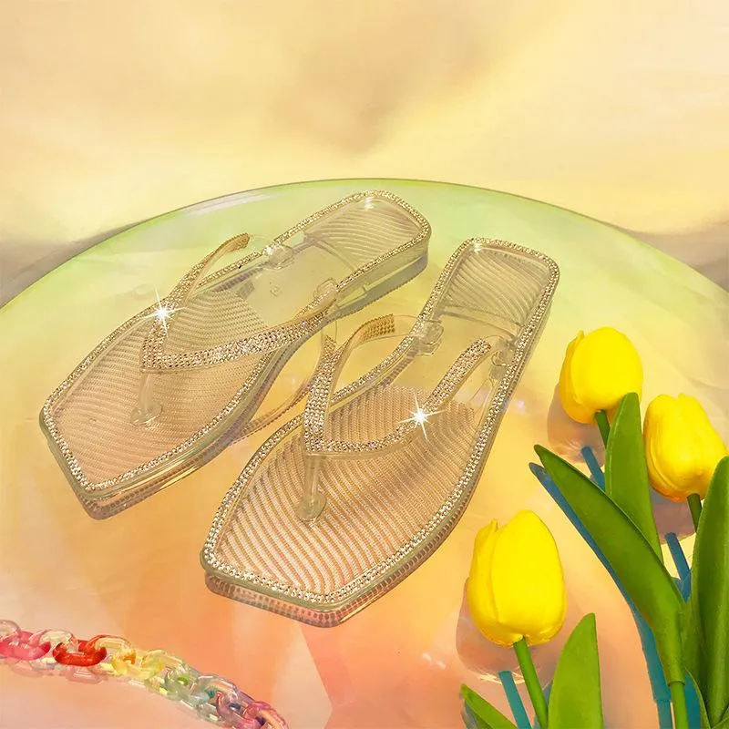 Women clear rhinestone square toe flip flop slide jelly sandals