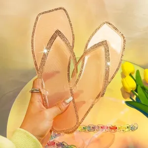 Women clear rhinestone square toe flip flop slide jelly sandals