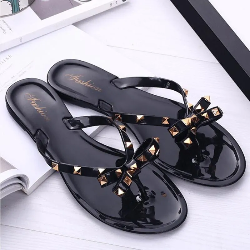 Women Fashion Studded Bow Jelly Sandals Summer Beach Flip Flips