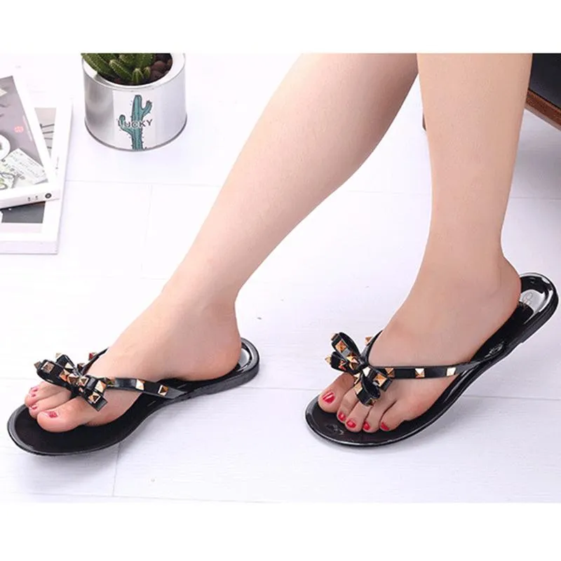 Women Fashion Studded Bow Jelly Sandals Summer Beach Flip Flips